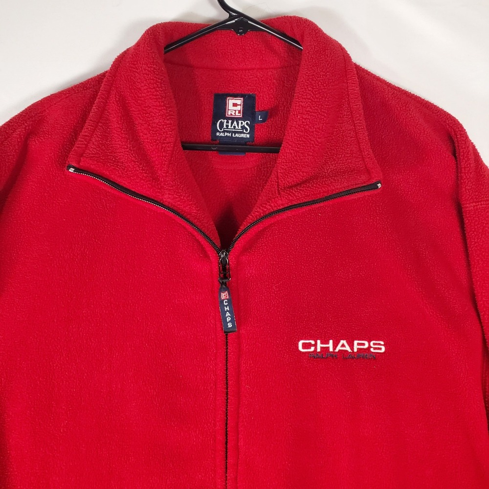 Chaps Ralph Lauren Mens Red Full Zip Fleece Jacket Large Logo Mock Neck